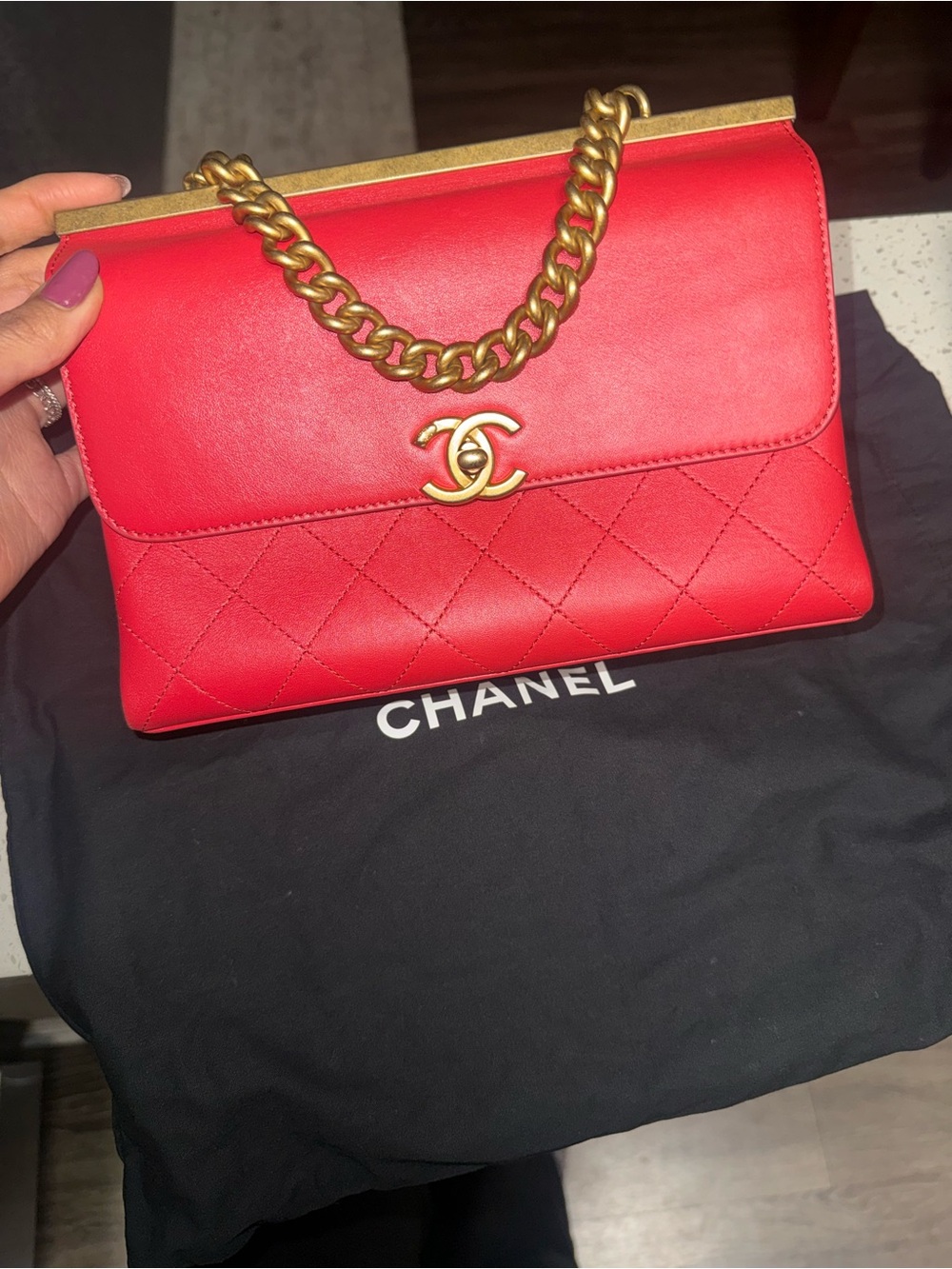 CHANEL Red Quilted Leather Shoulder Bag with Gold Chain Hardware